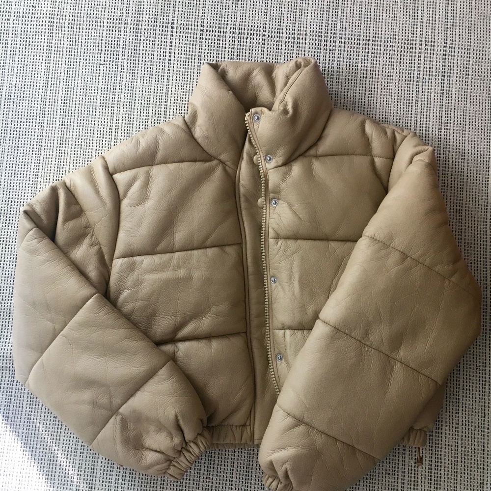 Faux Leather Padded Jacket Taupe Brown